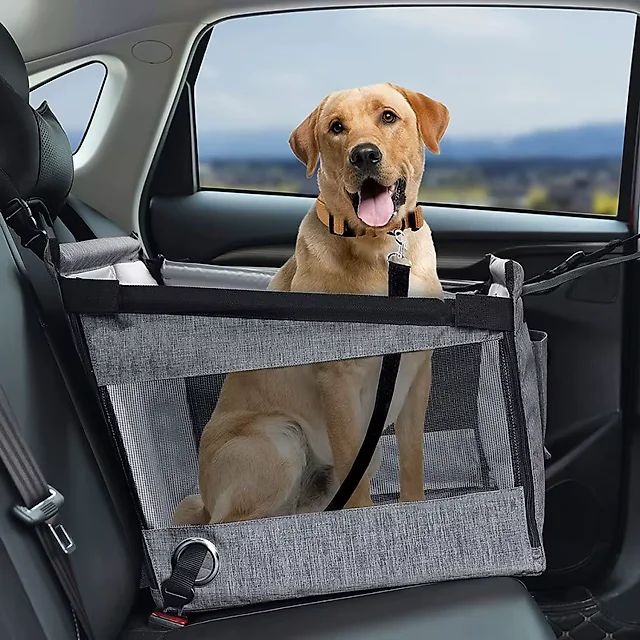 Dog Car Seat with Mesh Safety Cover, Waterproof Pet Booster Seat for Small & Medium Dogs, Stable Back Seat Travel Bed, Gray