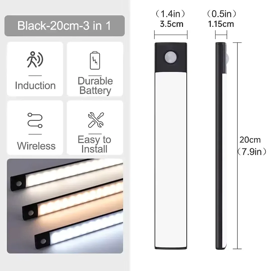Ultra Slim Under Cabinet Lighting, Battery Operated Rechargeable Motion Sensor LED Bar with Magnetic Mount, 3 Colors & Dimming, USB-C