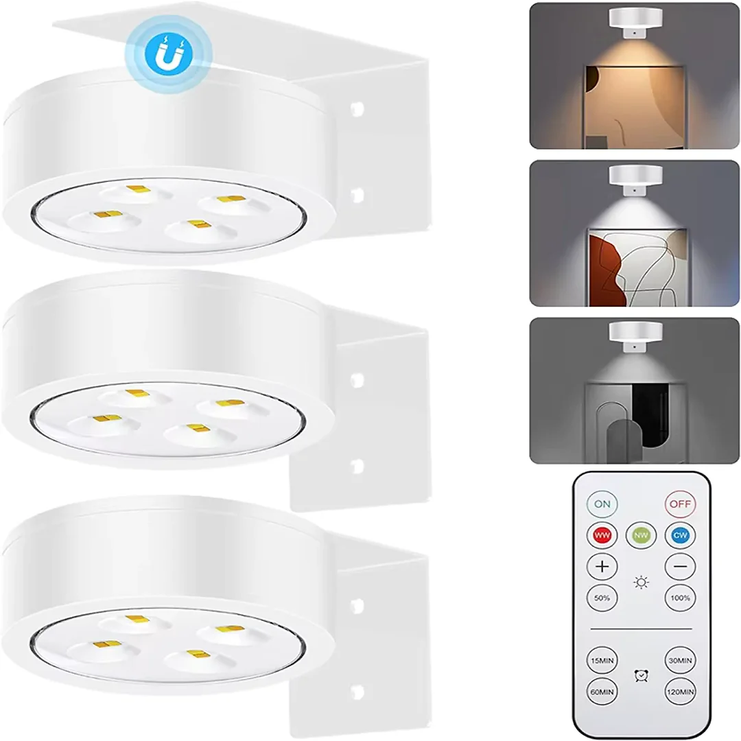 Battery Operated Picture Lights with Remote, Magnetic LED Puck Art Spotlights, Dimmable with Timer & 3 Color Modes, 3-Pack or 6-Pack