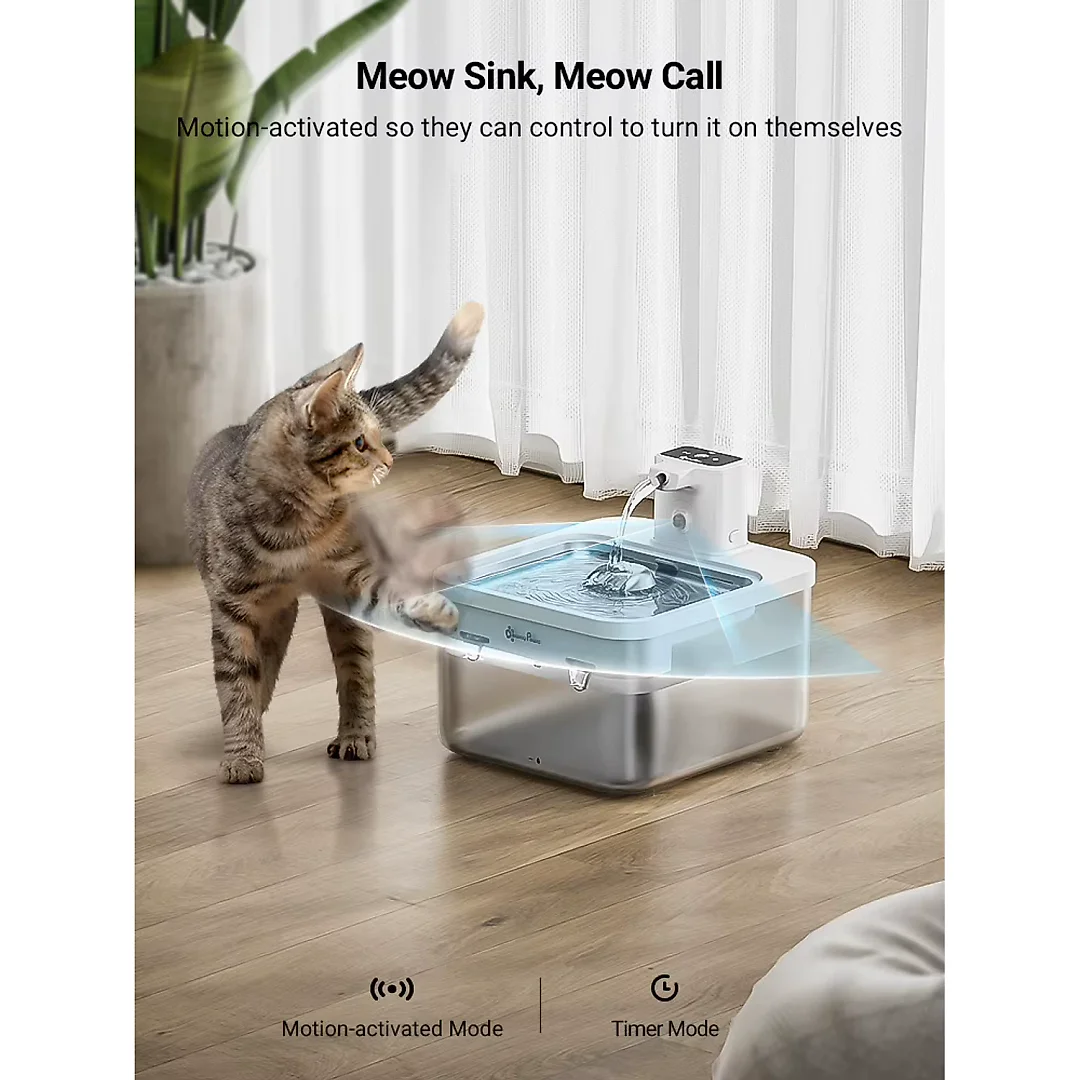 Wireless Cat Fountain Stainless Steel 2.5L, 4000mAh Battery Operated Pet Water Fountain with Motion Sensor, Quiet & Cordless