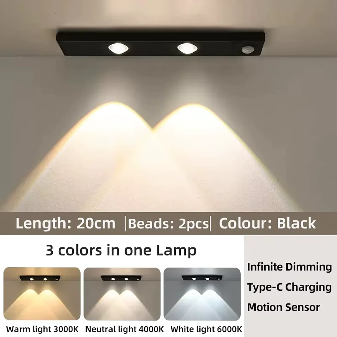 Rechargeable Under Cabinet Lights 2-Pack, Wireless Motion Sensor LED Light Bars with 3 Color Modes for Kitchen, Closet & Stairs