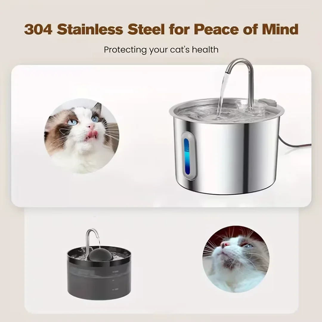 Cat Fountain Stainless Steel 2.2L, Pet Water Fountain with Water Level Window for Cats & Small Dogs, Optional Motion Sensor