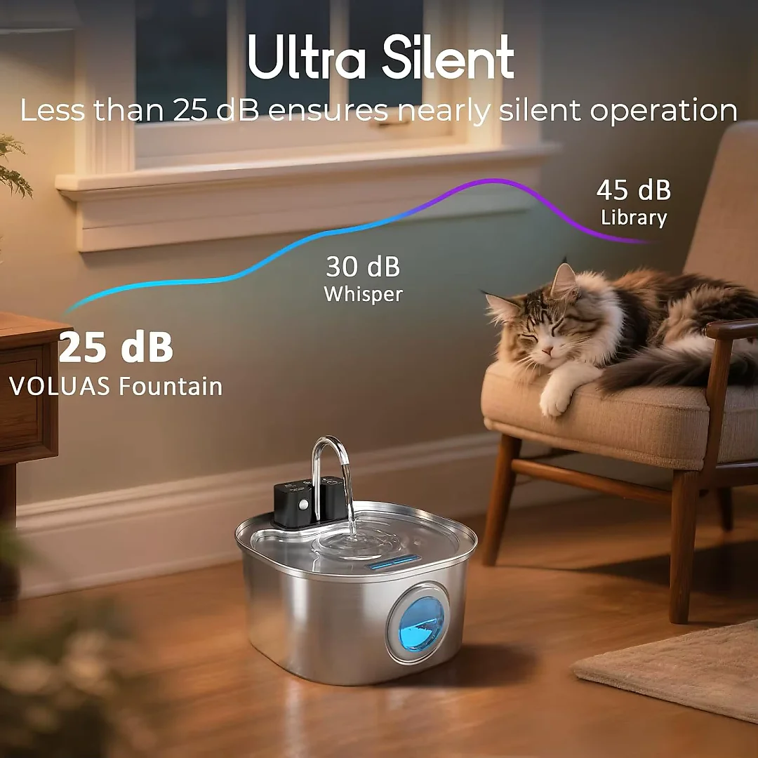Wireless Cat Water Fountain 3L, Battery Operated Stainless Steel Pet Fountain with Motion Sensor, Cordless Cat Fountain for Any Room