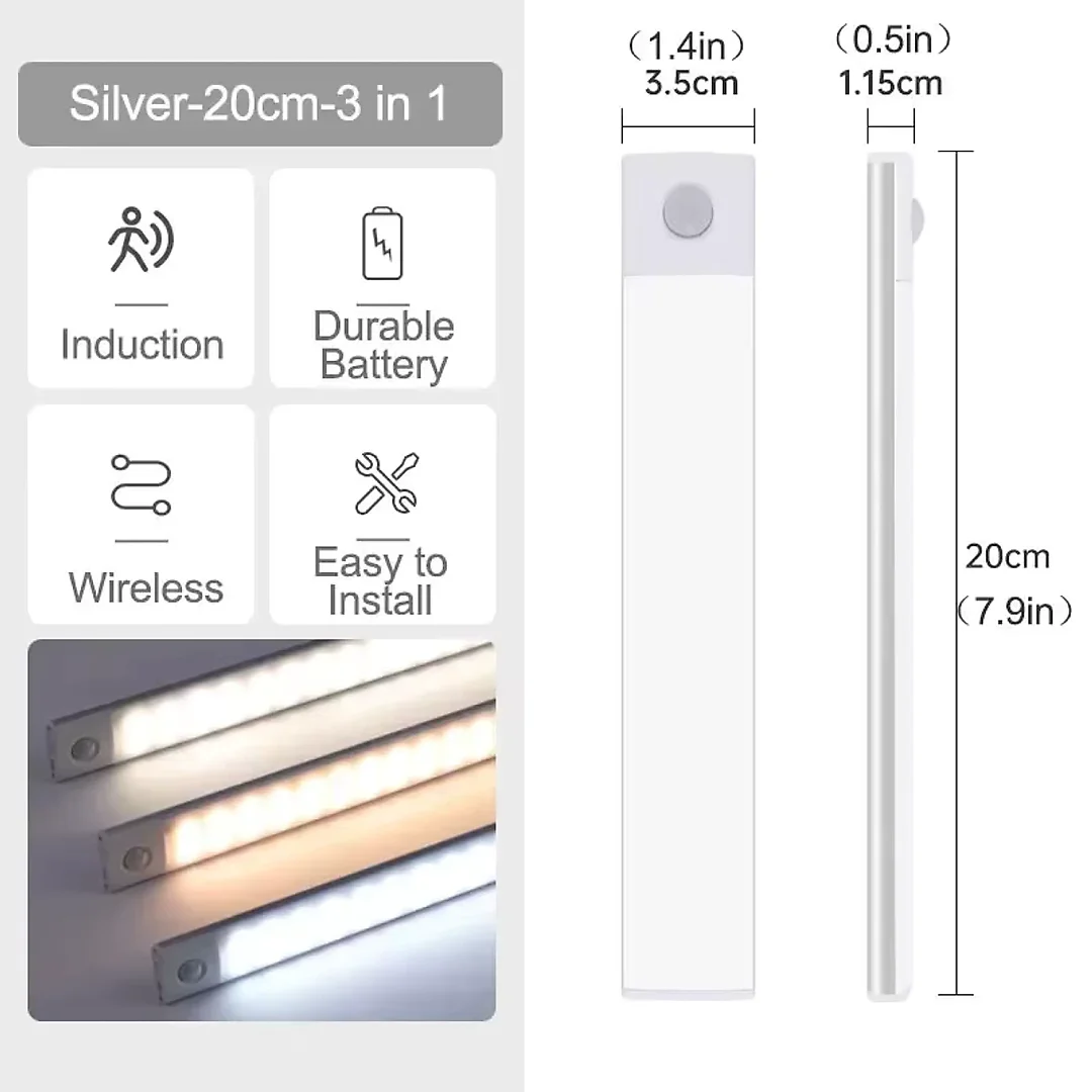 Ultra Slim Under Cabinet Lighting, Battery Operated Rechargeable Motion Sensor LED Bar with Magnetic Mount, 3 Colors & Dimming, USB-C